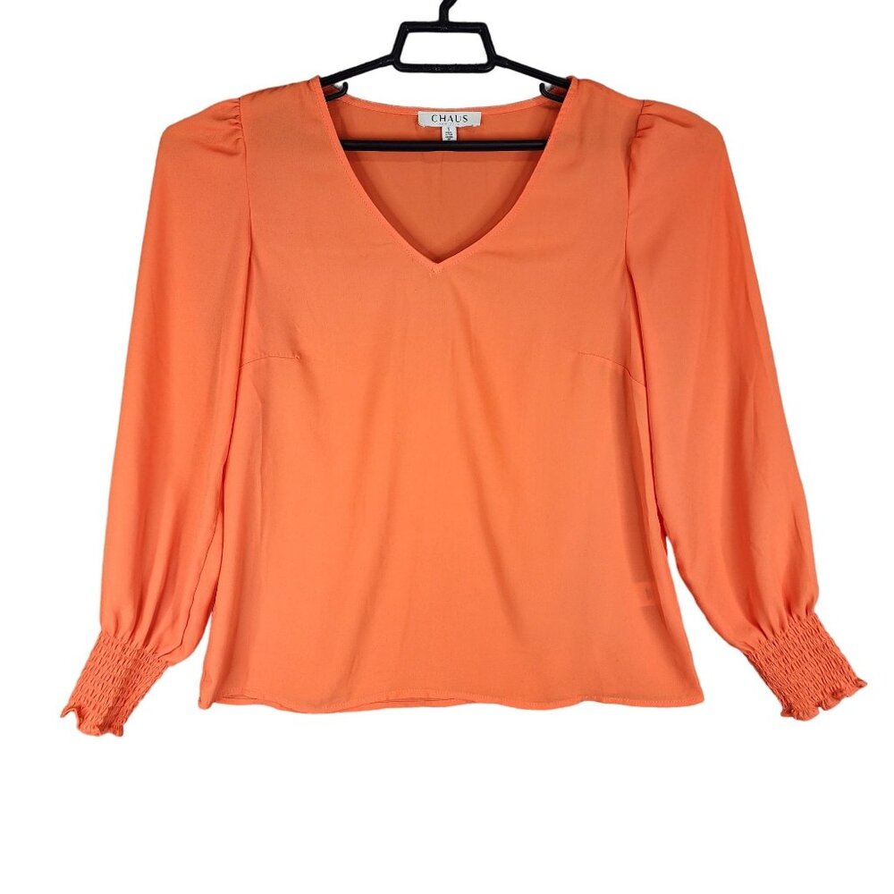 Women's Chaus V-Neck Long Sleeve Blouse Orange 100% Polyester Size S